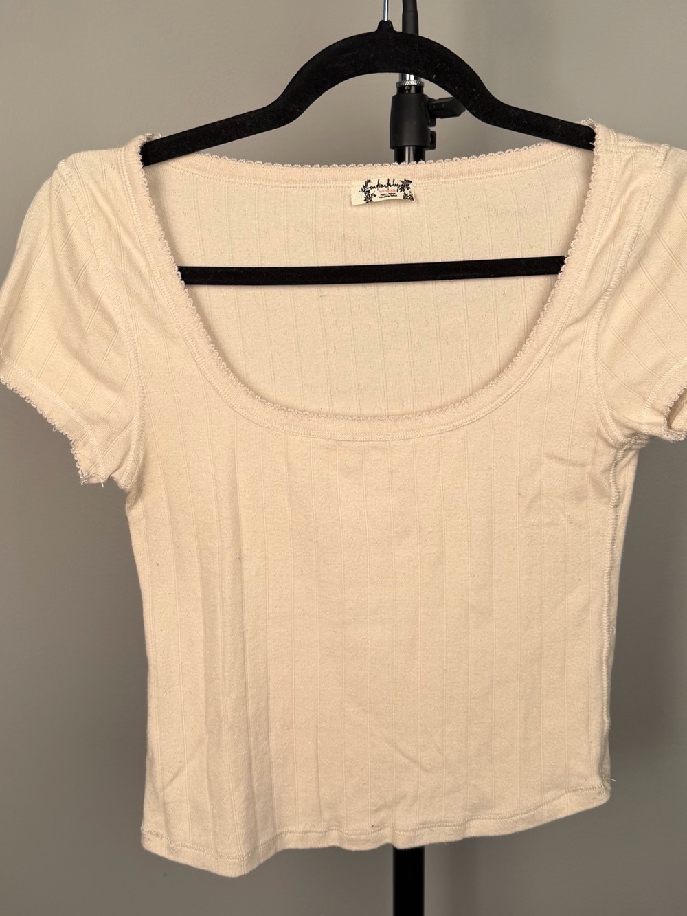 Free People Cream Ribbed Short Sleeve Scoop Neck Top
